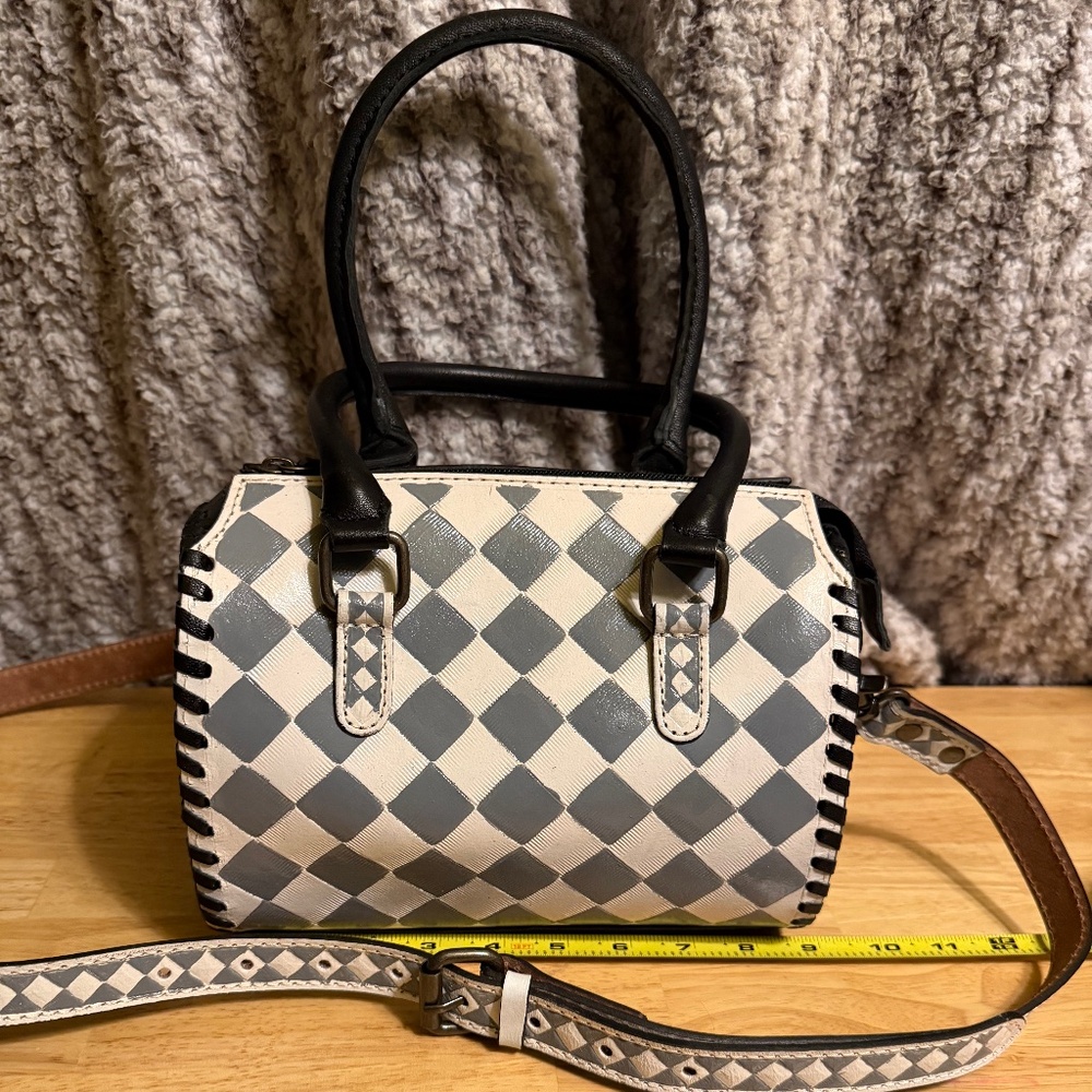 Leather Western Linen Black Grey and White Check Satchel  Small